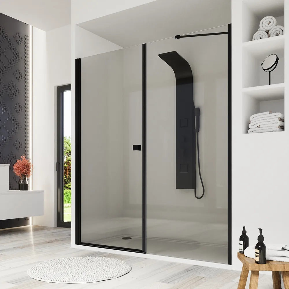 Porta doccia 161-165cm profili nero opaco apertura a battente e parete fissa vetro 8mm trasparente h195 | Fiji