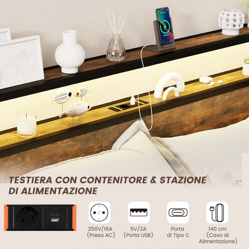 Letto Matrimoniale 160x200 cm, con 4 Cassetti e Testiera, Struttura Letto con Luci LED Regolabile e Presa Multipla, Carico Massimo 300kg, Silenzioso