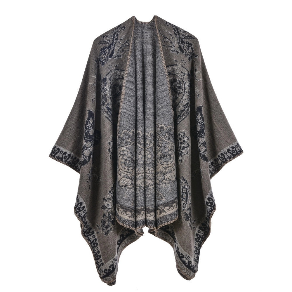 Nuovo scialle/mantella in jacquard di cashmere alla moda con spacchi, spesso e ampio, da donna.