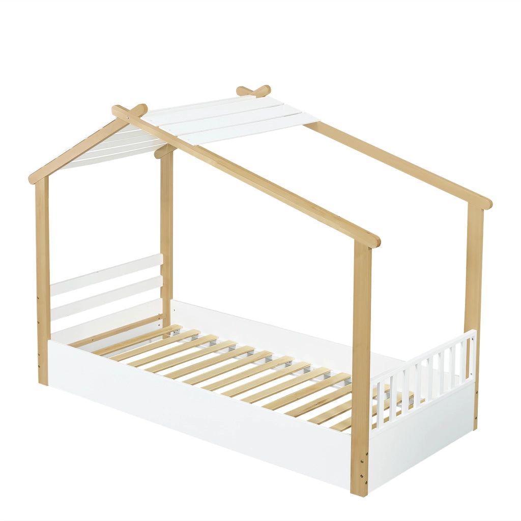 Letto Casetta 90x200 cm con Rete a Doghe - in Legno Massello e MDF - Bianco e Naturale