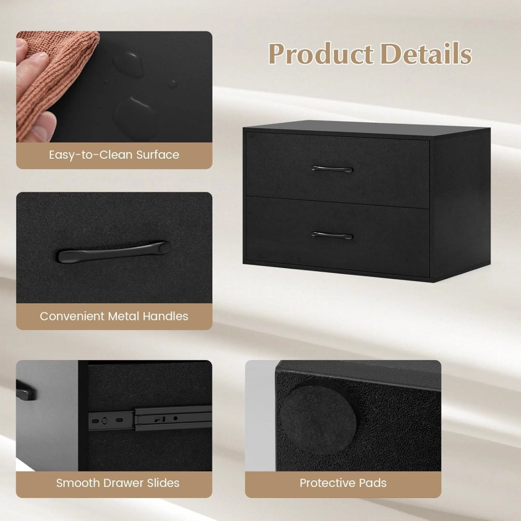 Cassettiera Portaoggetti Camera da Letto 2 Cassetti, Mobile Portaoggetti in Legno con Kit Anti-Ribaltamento, 4 Tasselli, Armadio Portaoggetti per Camera da Letto, 60 x 34 x 38 CM (Nero)