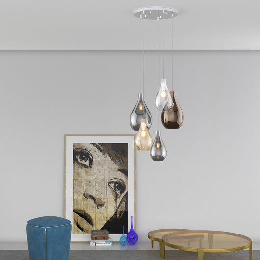 Lampadario Tondo Contemp Drop 2.0 Metallo Cromo Vetro Multicolor 5 Luci E27