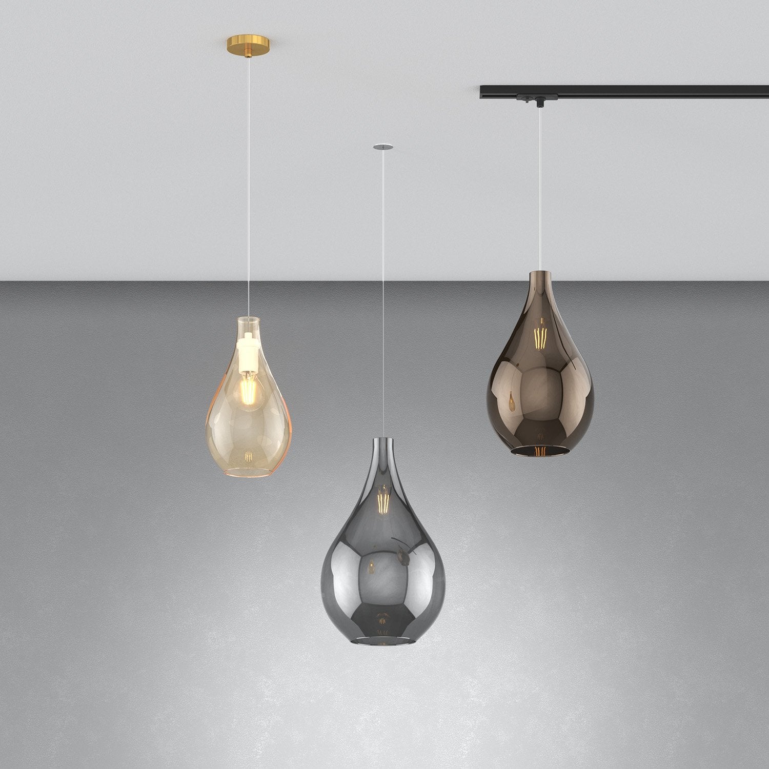Sospensione Binario Contemporanea Drop 2.0 Metallo Nero Vetro Bronzo 1 Luce E27