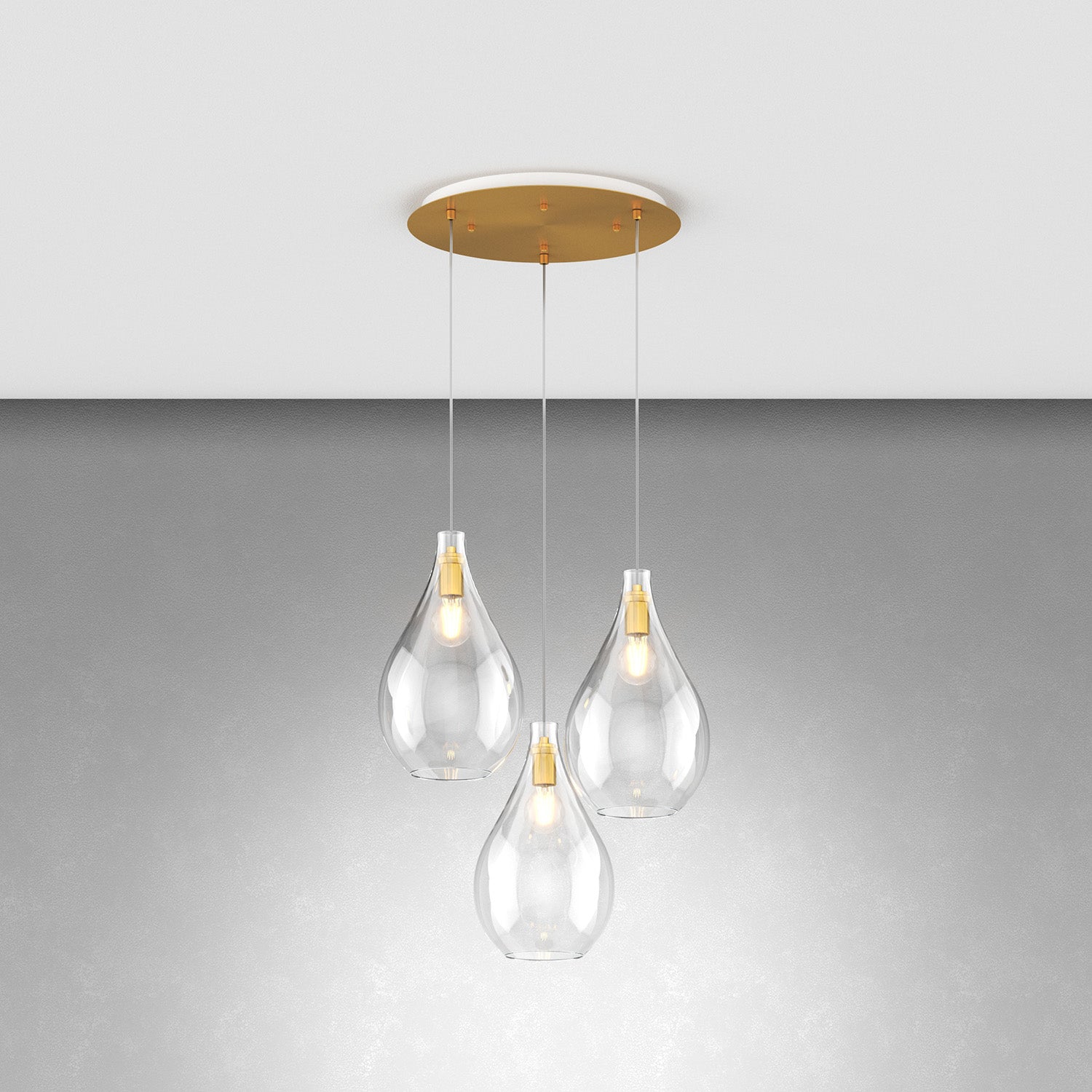 Lampadario Contemporaneo Drop 2.0 Metallo Ottone Vetro Trasparente 3 Luci E27