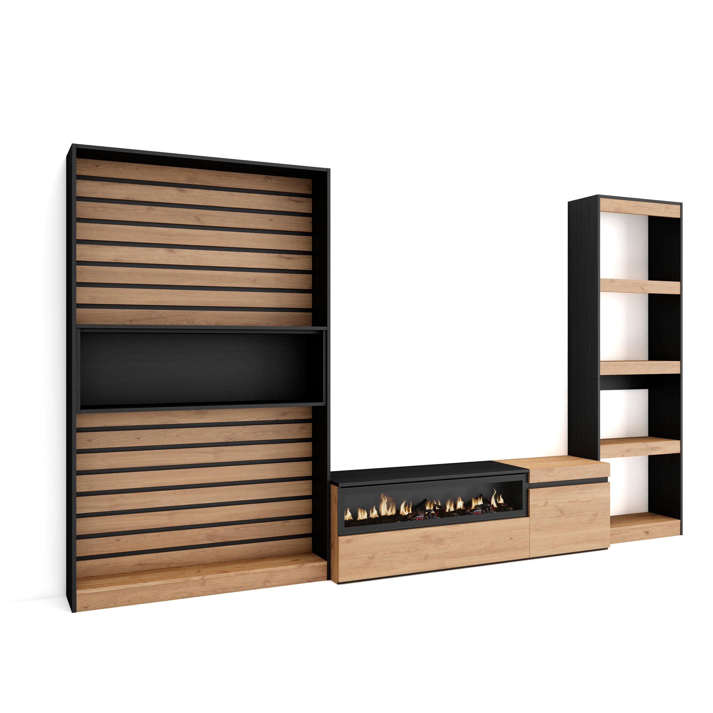 Mobile TV, Soggiorno, 320x35x186cm, Camino elettrico, colore Rovere e nero RF2593