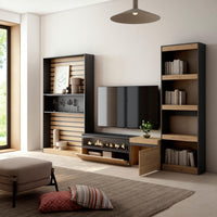 Mobile TV, Soggiorno, 320x35x186cm, Camino elettrico, colore Rovere e nero RF2593