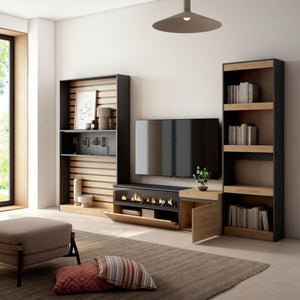 Mobile TV, Soggiorno, 320x35x186cm, Camino elettrico, colore Rovere e nero RF2593