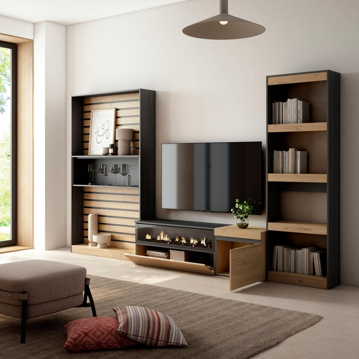 Mobile TV, Soggiorno, 320x35x186cm, Camino elettrico, colore Rovere e nero RF2593