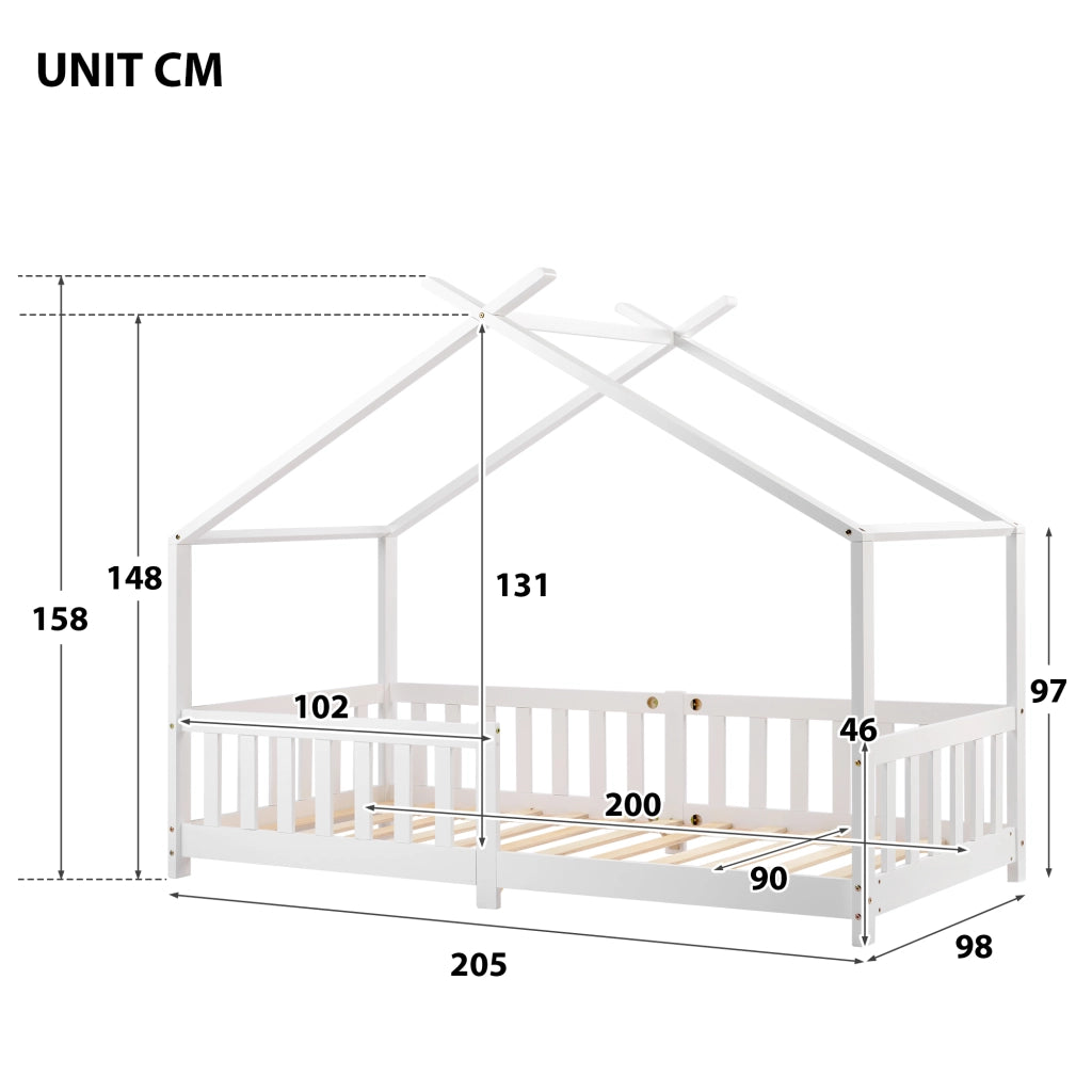 OKWISH Letto a Casetta 90×200 cm, Letto Singolo con Sponde di Sicurezza, Spazio Contenitore, senza Materasso, in Legno Massello, Bianco