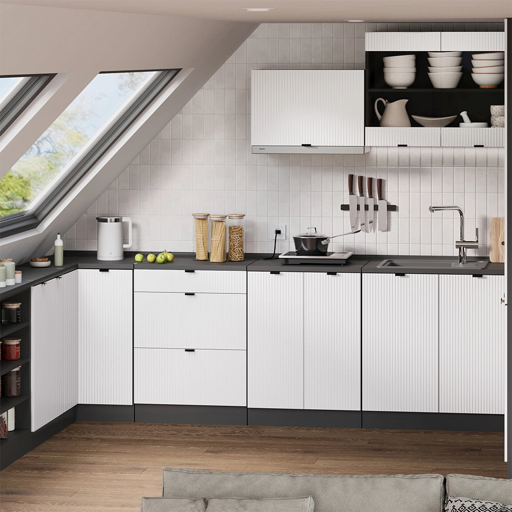 Mobile cucina sottotetto R-Line Ondulazione bianca/Antracite 60 cm senza inclinazione con 3 cassetti Vicco