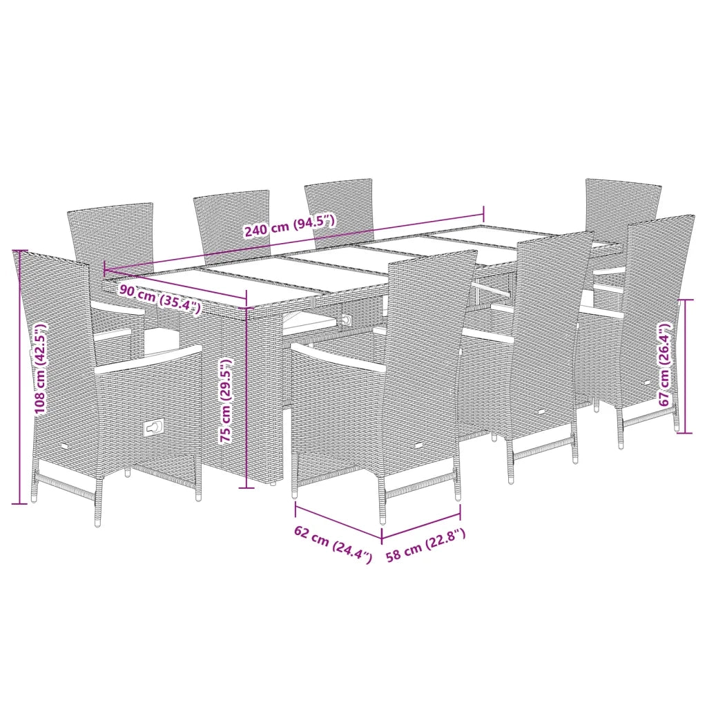 Set da Pranzo da Giardino 9 pz con Cuscini in Polyrattan Grigio 3277548