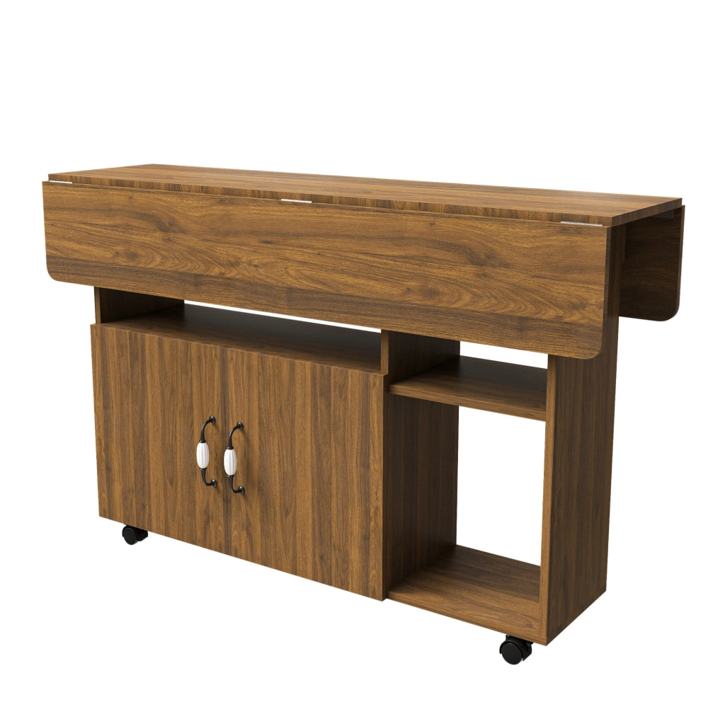 Tavolo pieghevole multifunzione 110x70 cm in MDF effetto noce; con ruote e vani contenitori