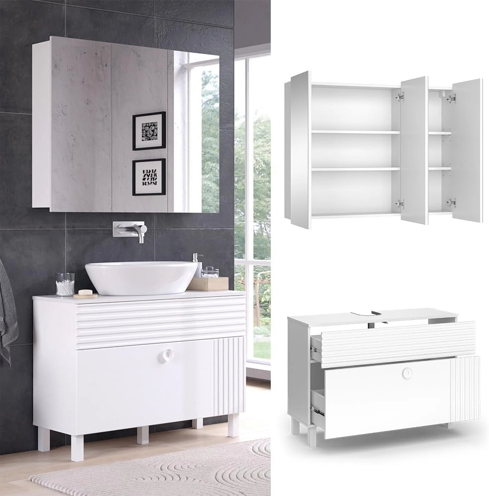 Set di mobili da bagno Sola, Bianco, 100 cm, composto da specchio da bagno e mobile sottolavabo