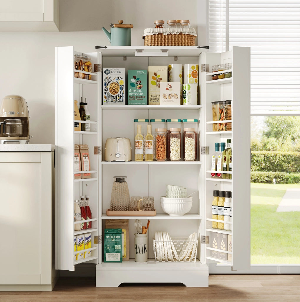 Credenza da cucina in stile country 60x35x128;5 cm in MDF bianco con LED e ripiani regolabili