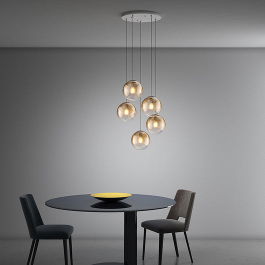 Lampadario Moderno Big Eclipse Metallo Bianco Vetro Ambra 5 Luci E27