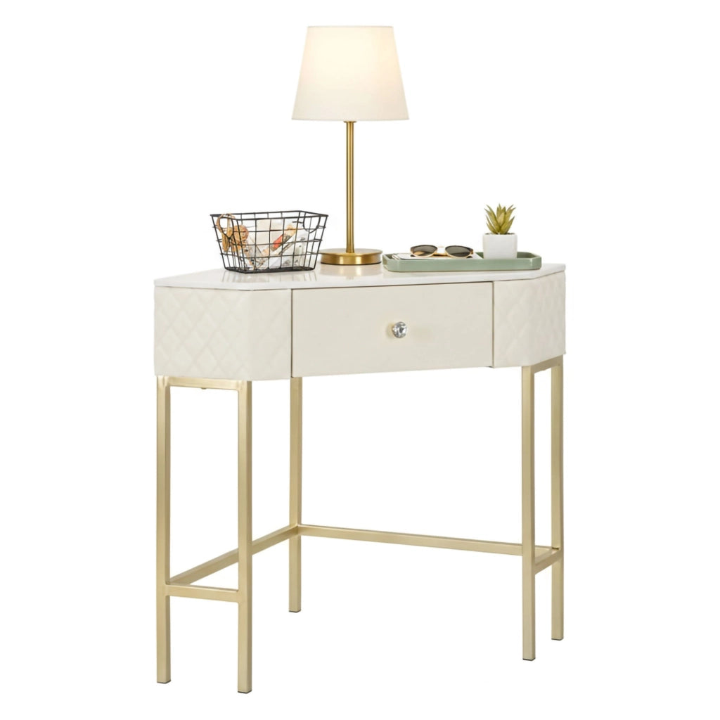Consolle Viscardo, Tavolo multiuso, Mobiletto d'appoggio, Scrivania da corridoio, 85x60 h77 cm, Bianco e Oro