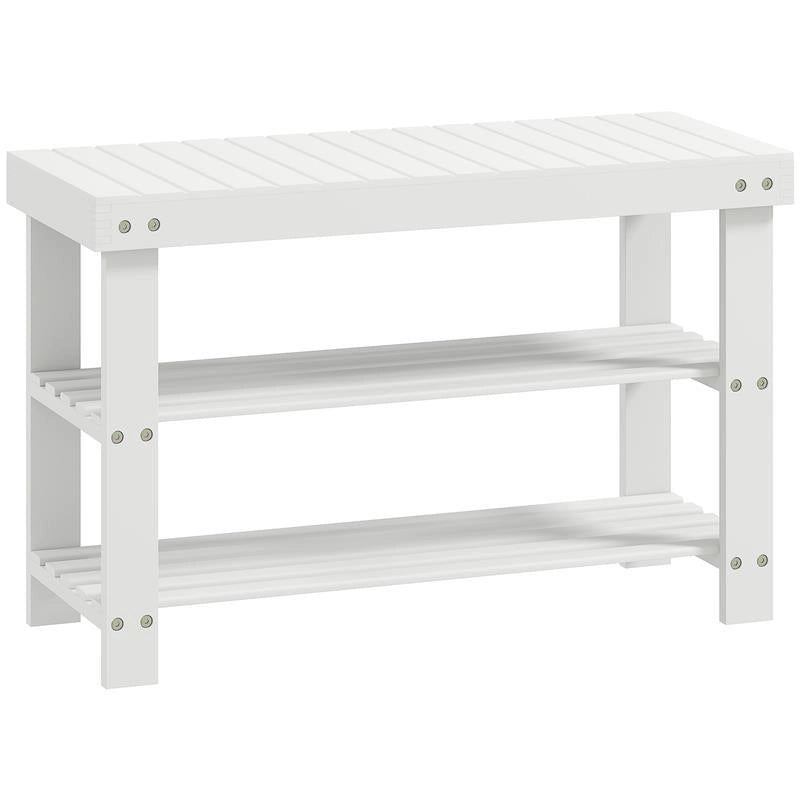 PANCA SCARPIERA BASSA IN BAMBÙ CON 2 RIPIANI A DOGHE E SEDUTA, 70X28X45 CM, BIANCO