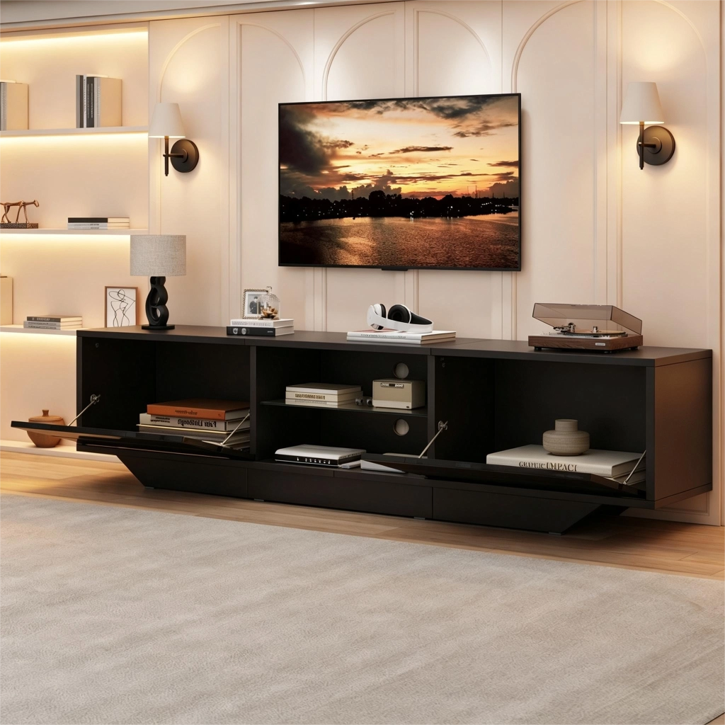 Mobile porta TV con LED RGB, 2 ante e 4 vani con ripiano in vetro regolabile, per soggiorno, nero, 160 × 35 × 44,5 cm