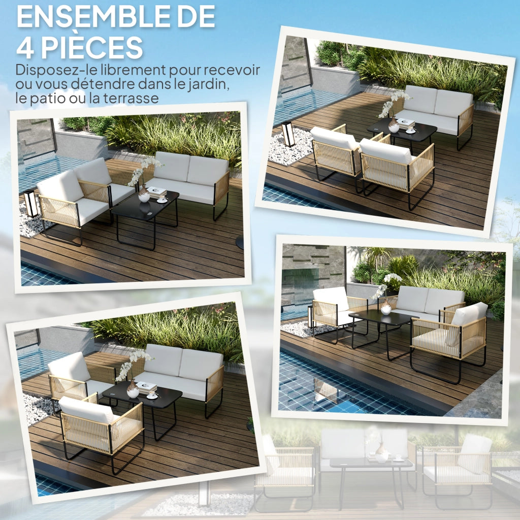 Set giardino 4 pezzi con divano 2 posti, 2 poltrone, tavolino in vetro e cuscini ¨C zephmum ¨C crema bianco