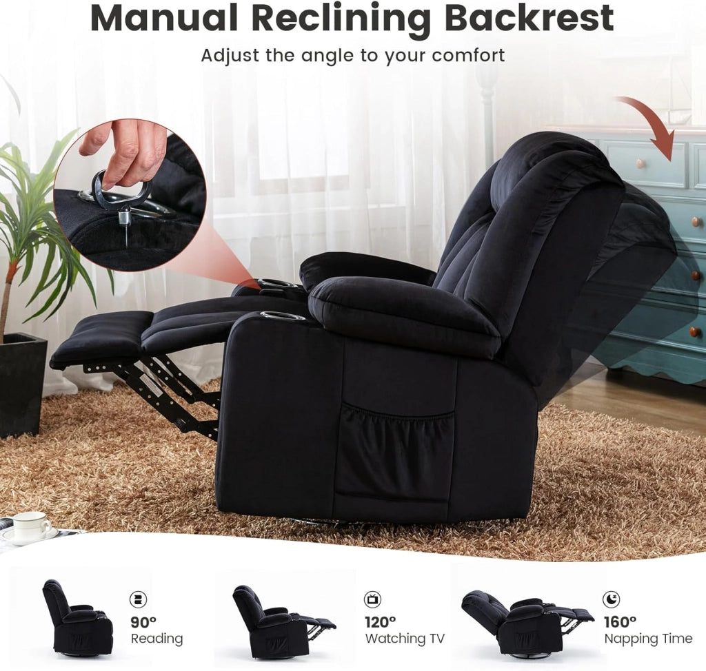 Poltrona Reclinabile Girevole per Adulti con Schienale e Poggiapiedi Regolabili, Poltrona 360° da Salotto, Portabicchieri, Tasche Laterali, Tessuto Morbido, Supporto Ergonomico, Nero