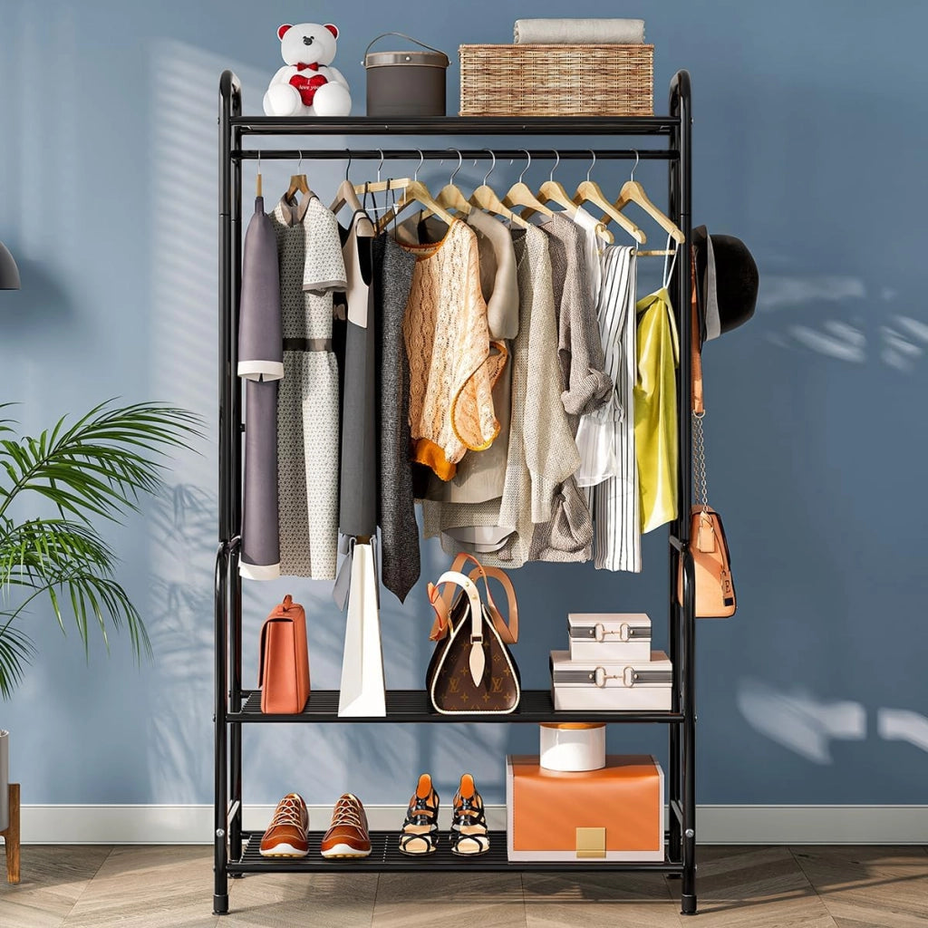 Stand Appendiabiti in Metallo,Stendino durevole salvespazio di grande capacità con piu scaffali conDesign a doppia asta di sospensione,grande capacita di stoccaggio,74 * 40 * 168cm,Bianco