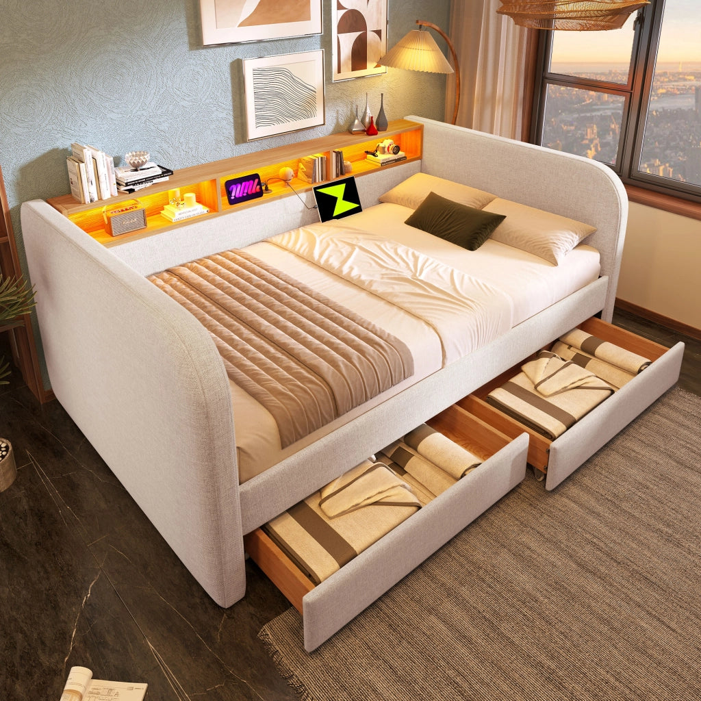 Letto combinato 140 × 190 cm con LED regolabile, USB, Type-C, 2 cassetti e testiera contenitore, senza materasso