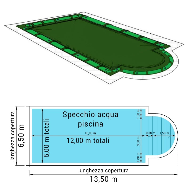 Copertura 13,50 X 6,50 M Invernale Standard 240 Gr/m² Con Bretelle E Salamotti Per Piscine Rettangolari Con Scala Romana 12,00 X 5,00 M