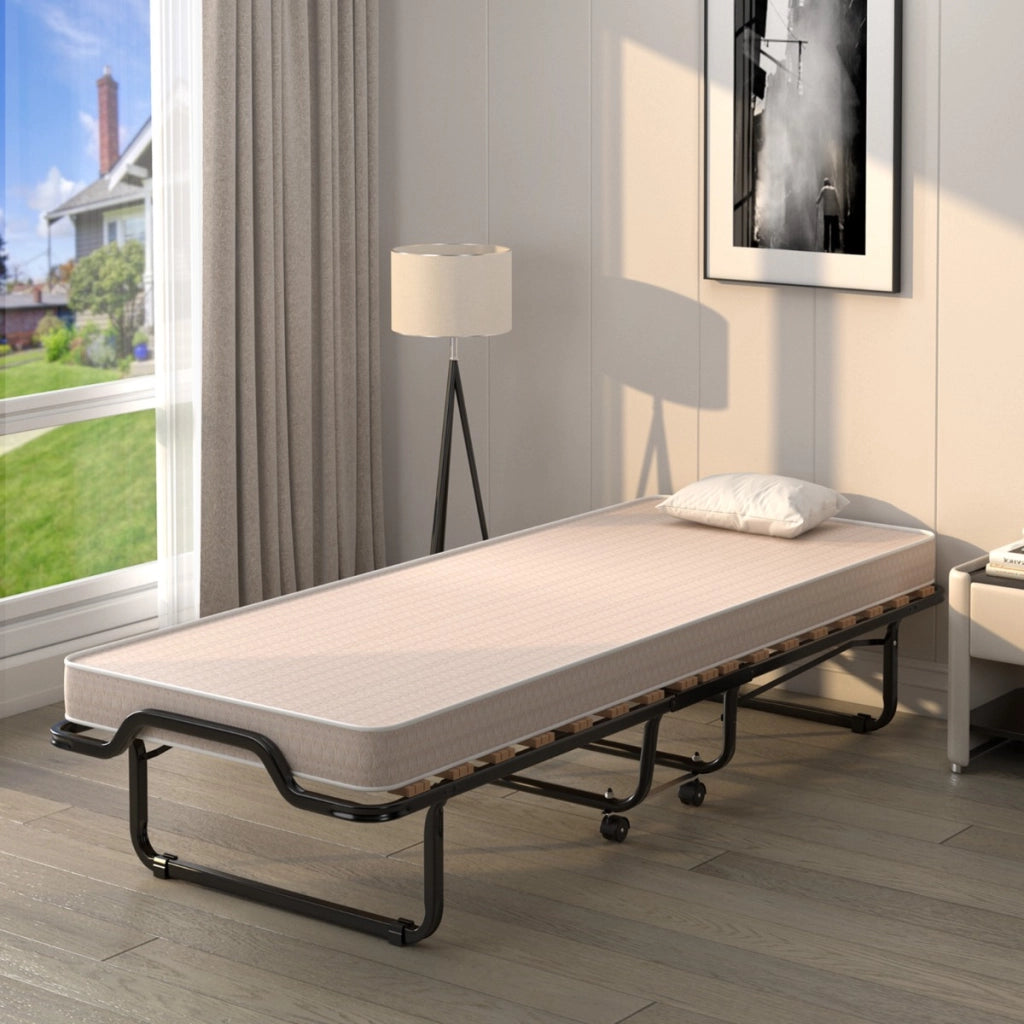 Lettino pieghevole con materasso in memory foam e capacit¨¤ di 120 kg-Letto con struttura metallica e ruote Beige