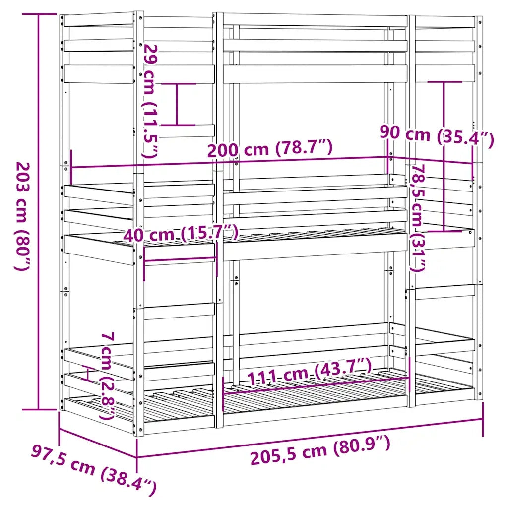 Letto Castello Triplo Marrone Cera 90x200cm Legno Massello Pino 3284256