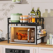 Rack magnetron espandibile a 2 livelli, organizzatore magnetron con cassetta laterale, piano da cucina con supporto per lavoro, rack per lavoro da cucina con 6 ganci, nero