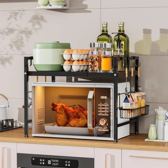 Rack magnetron espandibile a 2 livelli, organizzatore magnetron con cassetta laterale, piano da cucina con supporto per lavoro, rack per lavoro da cucina con 6 ganci, nero