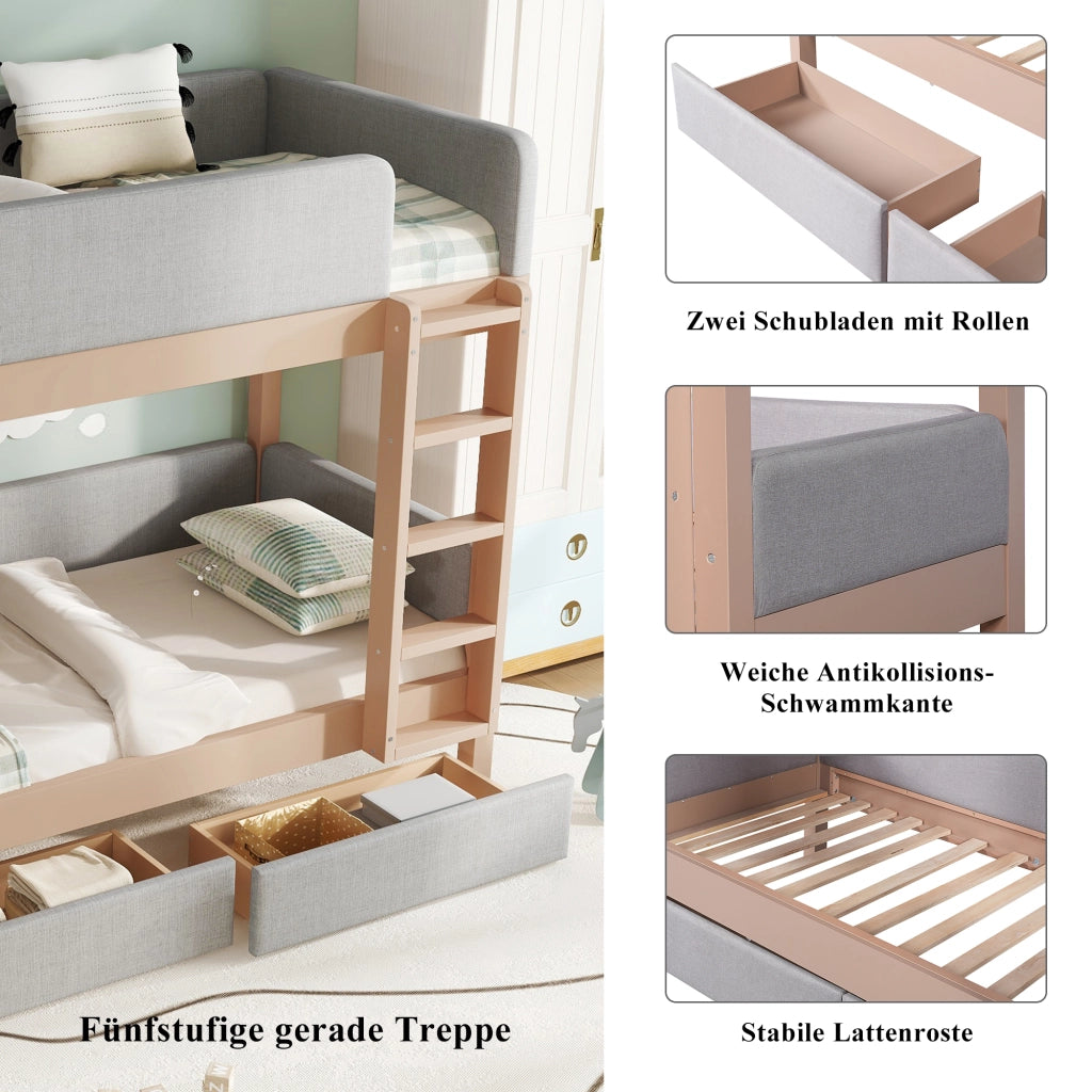 Letto a Castello 90x200 cm - 2 Cassetti; Scala a 4 Gradini e Sponde - Grigio