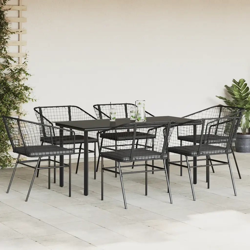 Set Pranzo da Giardino 7 pz Nero con Cuscini Polyrattan Vetro 3334601