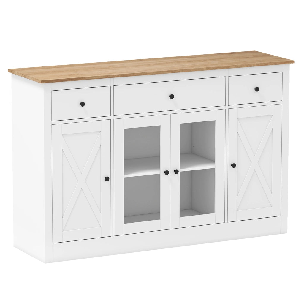 Buffet laterale grande 140 cm con 3 cassetti 2 ante trasparenti-Armadio da Cucina Mobiletto moderno con ripiani regolabili per sala pranzo Bianco