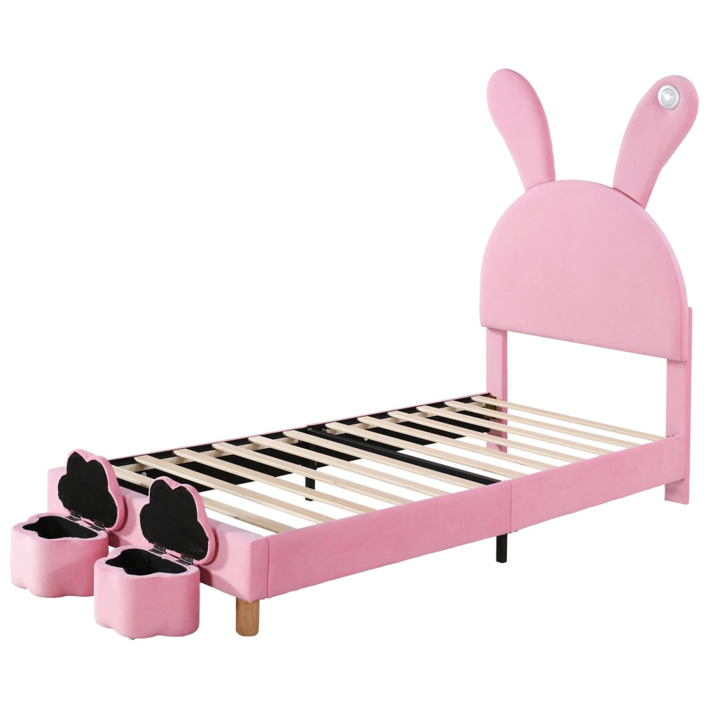 Letto imbottito 90x200 cm in velluto francese rosa con LED e contenitori laterali
