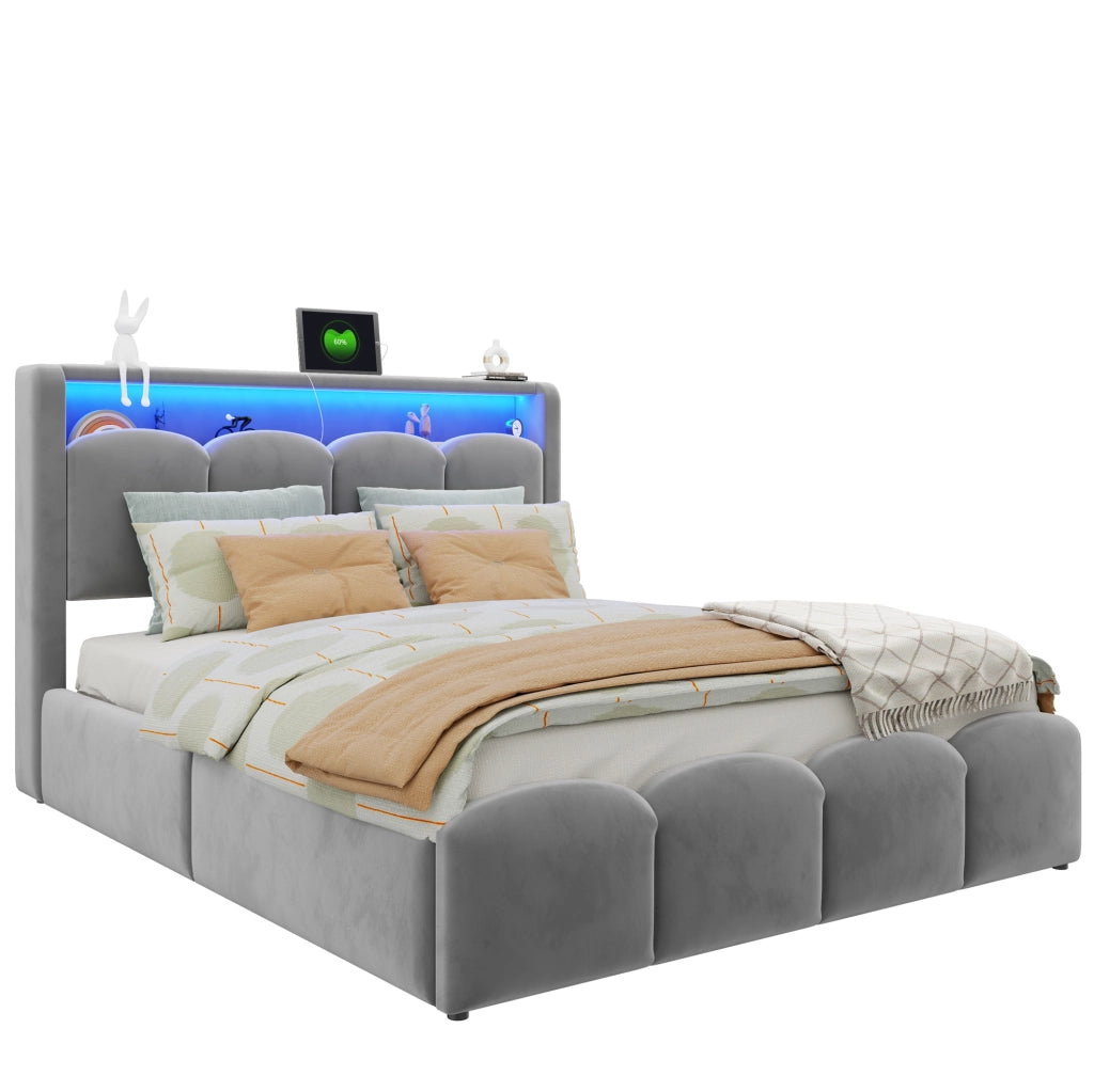 Letto matrimoniale imbottito 140x200 cm in velluto grigio con LED; USB e vano contenitore