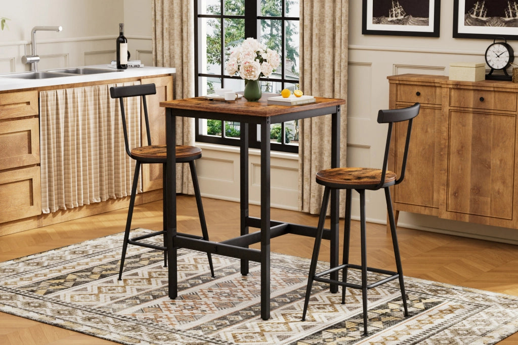 Set bar 60x60x92 cm salvaspazio con schienale; in acciaio e truciolato marrone rustico e nero