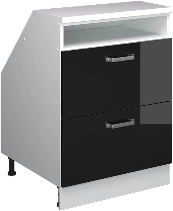 Mobile sottotetto Rion, Nero lucido, 60 x 81.6 cm con 2 cassetti, carcassa 60 cm profondità, adatto per il salvaspazio sotto tetti spioventi