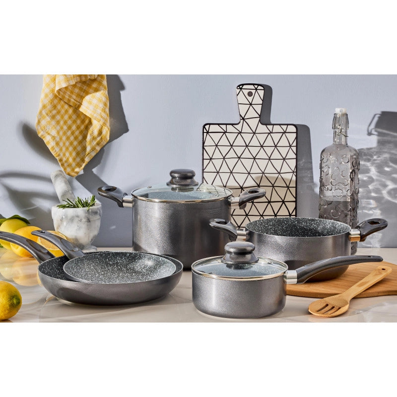 Set di 2 Batteria 7pz Greta Alluminio Stampato Fondo Induzione Interno Effetto Marmor