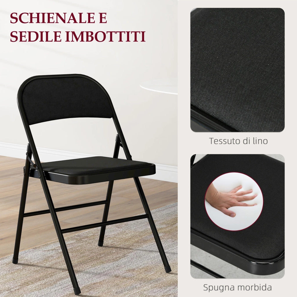 Set 6 Sedie Pieghevoli con Seduta Imbottita e Struttura in Acciaio Nero