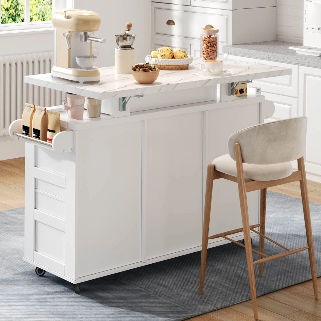 Isola da Cucina con 2 Ante; 3 Cassetti; Piano Pieghevole e LED; in MDF; 138x60x93 cm; Bianco