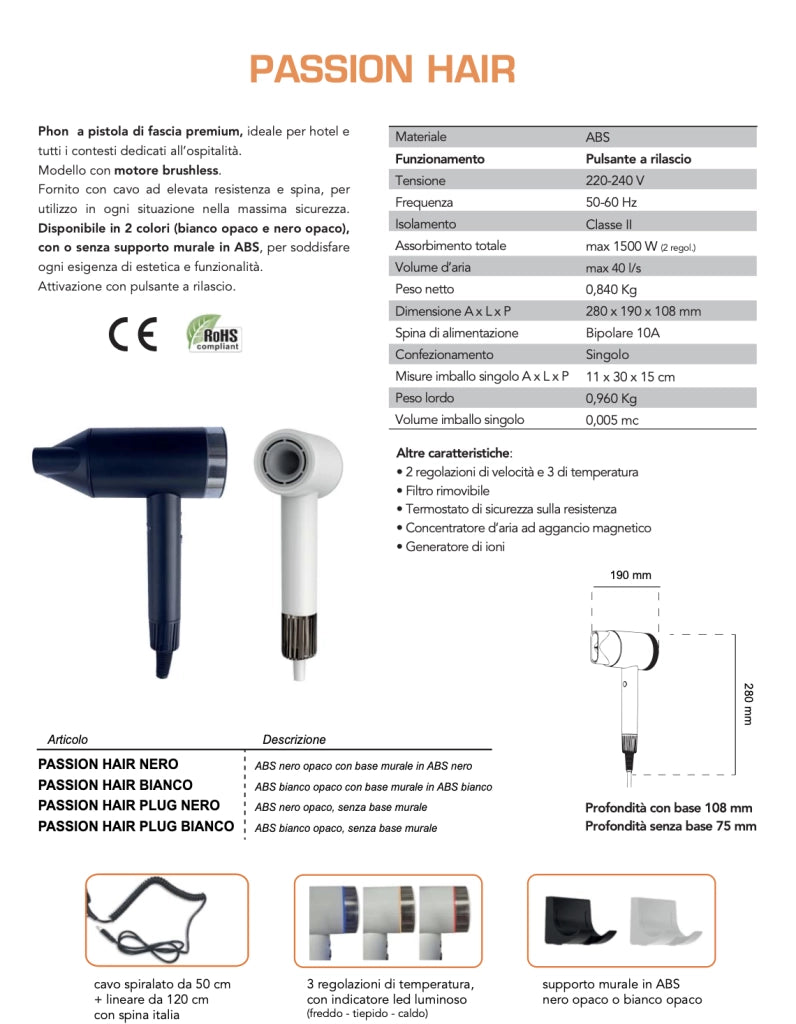 Asciugacapelli Professionale Vama PASSION HAIR Motore Brushless 1500W per Hotel con Base Murale Nero