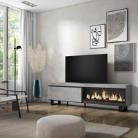 Mobile TV Soggiorno, 208x35x57cm, Per TV fino a 80", Camino elettrico XXL, Design industriale, grigio cemento RF3212