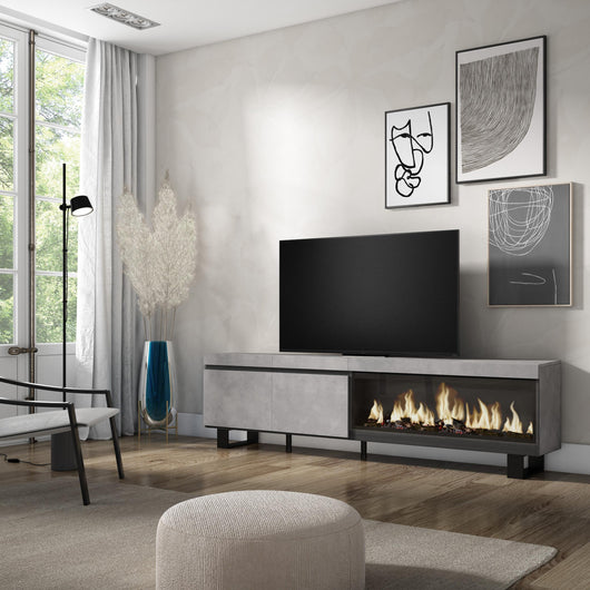Mobile TV Soggiorno, 208x35x57cm, Per TV fino a 80", Camino elettrico XXL, Design industriale, grigio cemento RF3212