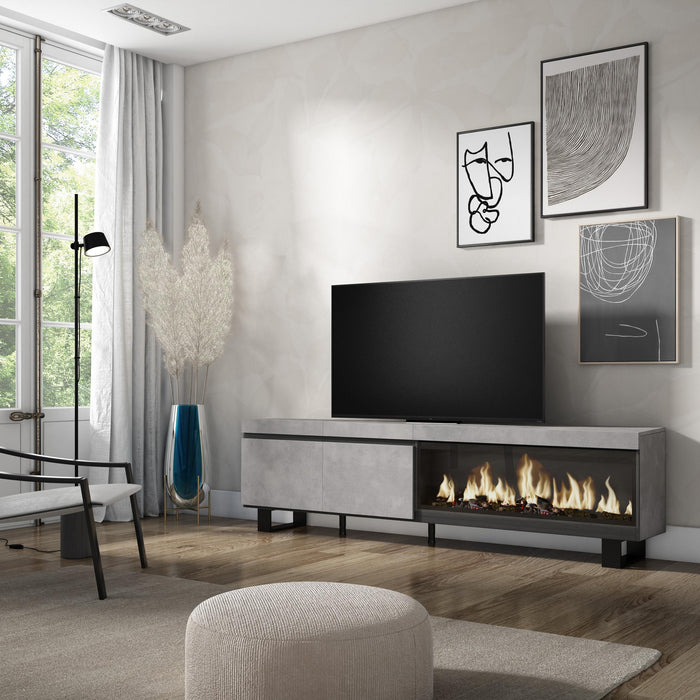 Mobile TV Soggiorno, 208x35x57cm, Per TV fino a 80", Camino elettrico XXL, Design industriale, grigio cemento RF3212