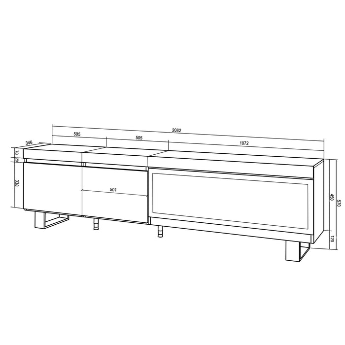 Mobile TV Soggiorno, 208x35x57cm, Per TV fino a 80", Camino elettrico XXL, Design industriale, grigio cemento RF3212