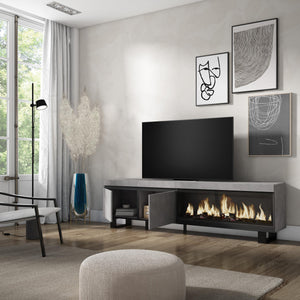 Mobile TV Soggiorno, 208x35x57cm, Per TV fino a 80", Camino elettrico XXL, Design industriale, grigio cemento RF3212
