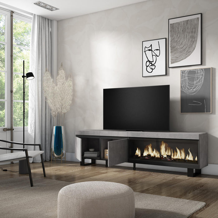 Mobile TV Soggiorno, 208x35x57cm, Per TV fino a 80", Camino elettrico XXL, Design industriale, grigio cemento RF3212