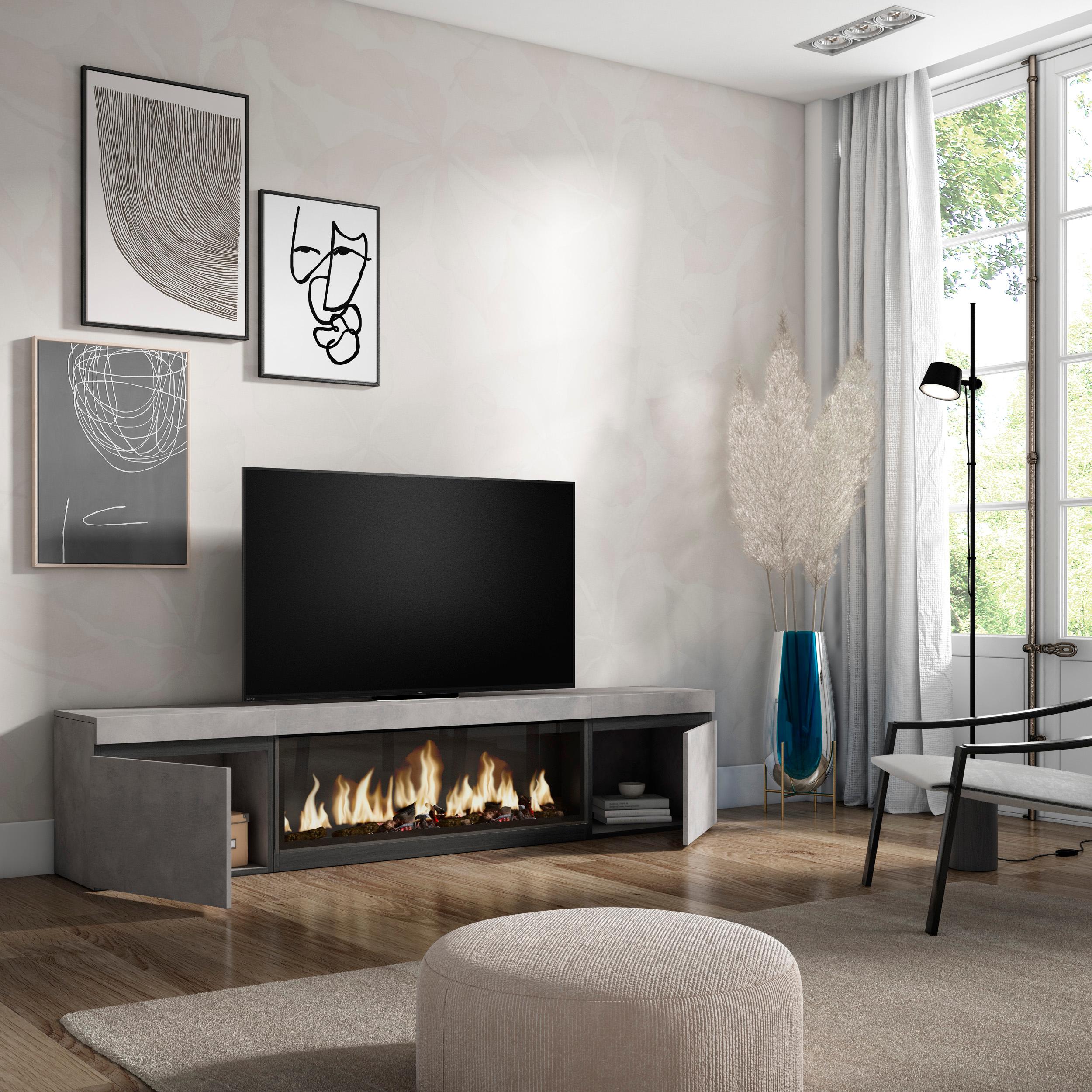 Mobile TV, Soggiorno, 208x35x45cm, Per TV fino a 80", Camino elettrico XXL, grigio cemento RF3209