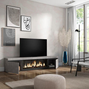 Mobile TV, Soggiorno, 208x35x45cm, Per TV fino a 80", Camino elettrico XXL, grigio cemento RF3209